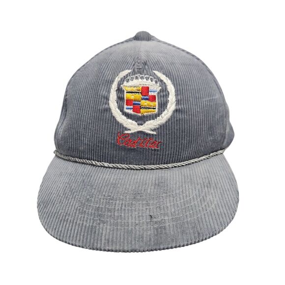VTG CADILLAC GRAY ADJUSTABLE SNAPBACK TRUCKER ROPE HAT CAP CORDUROY CAR SALES - Picture 1 of 7